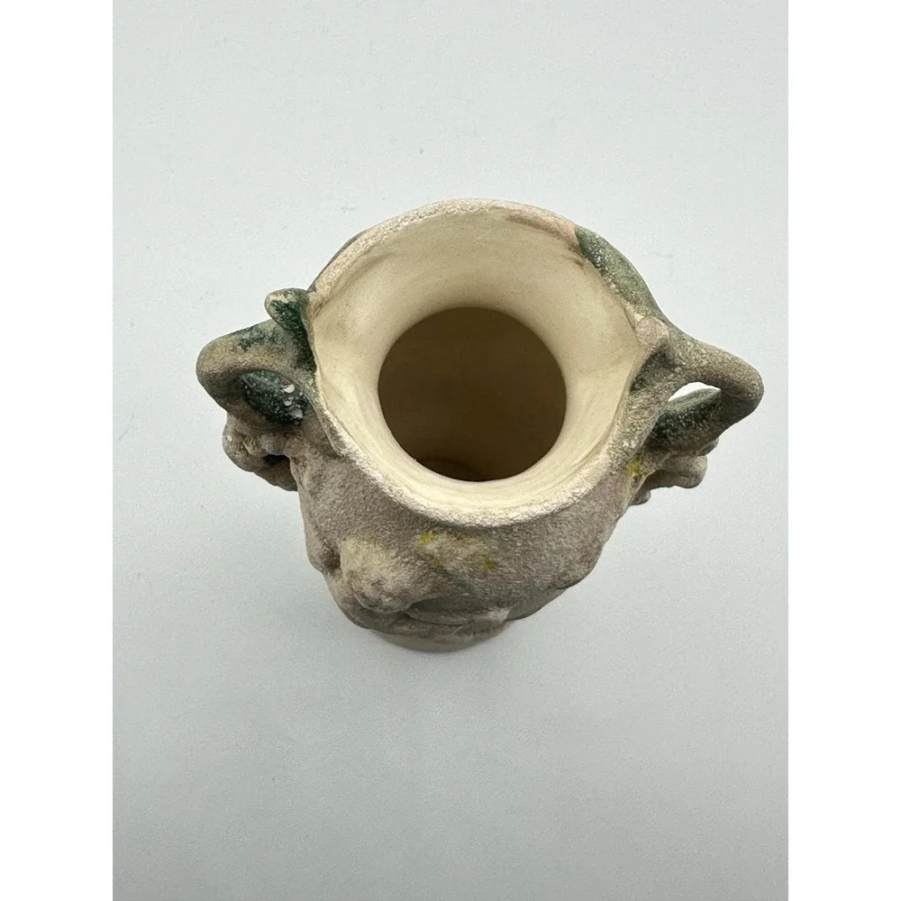 Vintage MAM Hand Signed Cherub Sand Textured Pottery Vase Cream Green 6in
